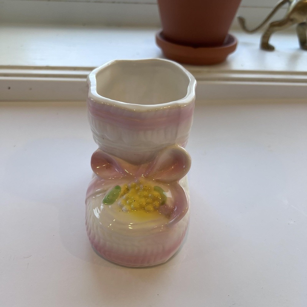 Vintage Baby Bootie Planter Vase White Pink Ceramic Nursery Decor Japan A-445